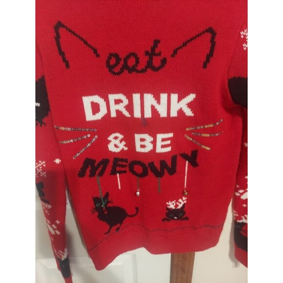 No Boundries Ugly Christmas Sweater Eat Drink And Be Meowy Size M 7-9 Cats - Picture 6 of 11